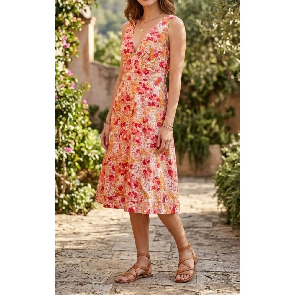 Garnet Hill Sleeveless Floral V-Neck A-Line Cotton Midi Sundress Women's 6